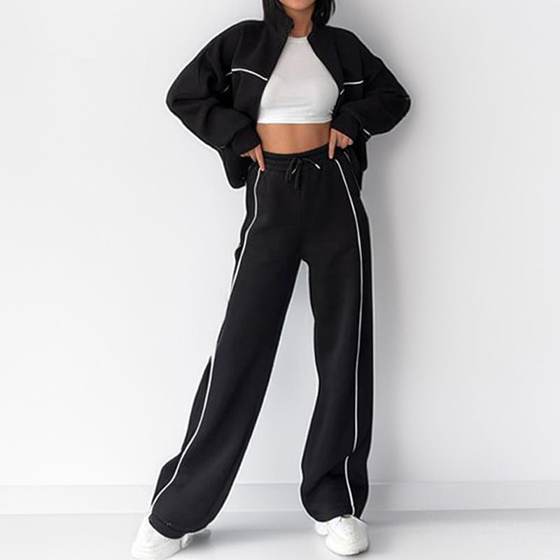 Unisex Striped Polyester Mock Neck Hoodie Suit With Trousers