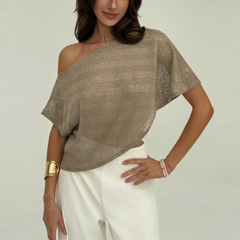 Women's Loose Polyester Khaki Sequined Oblique Shoulder Top