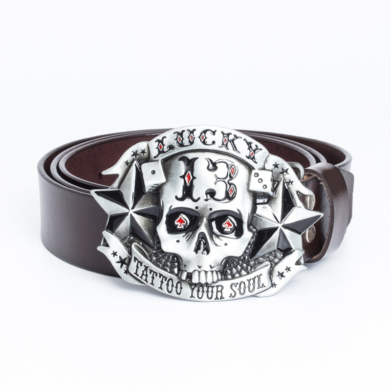 Genuine Leather Skull Belt – Smooth Buckle, Alloy Hardware