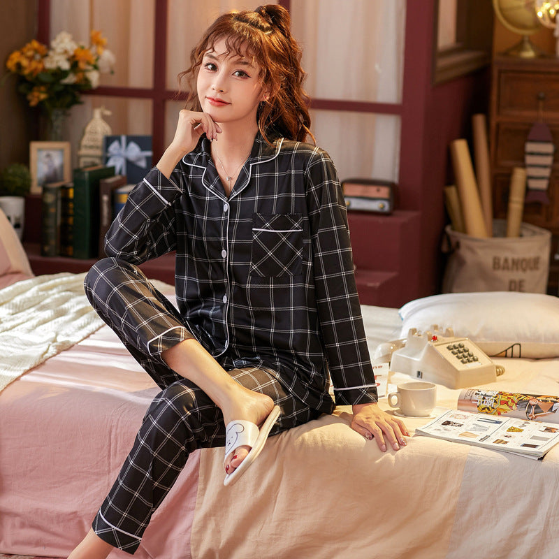 Womens Plaid Milk Silk Cardigan Pajama Set Long Pants