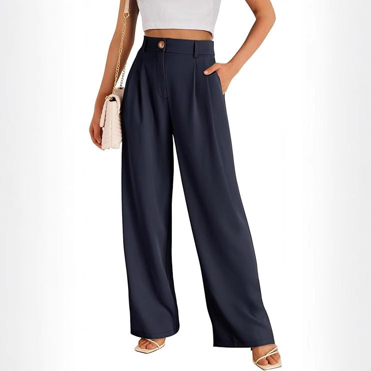 Women’s High-Waist Straight-Leg Pants with Zipper Detail – Elegant Polyester Trousers