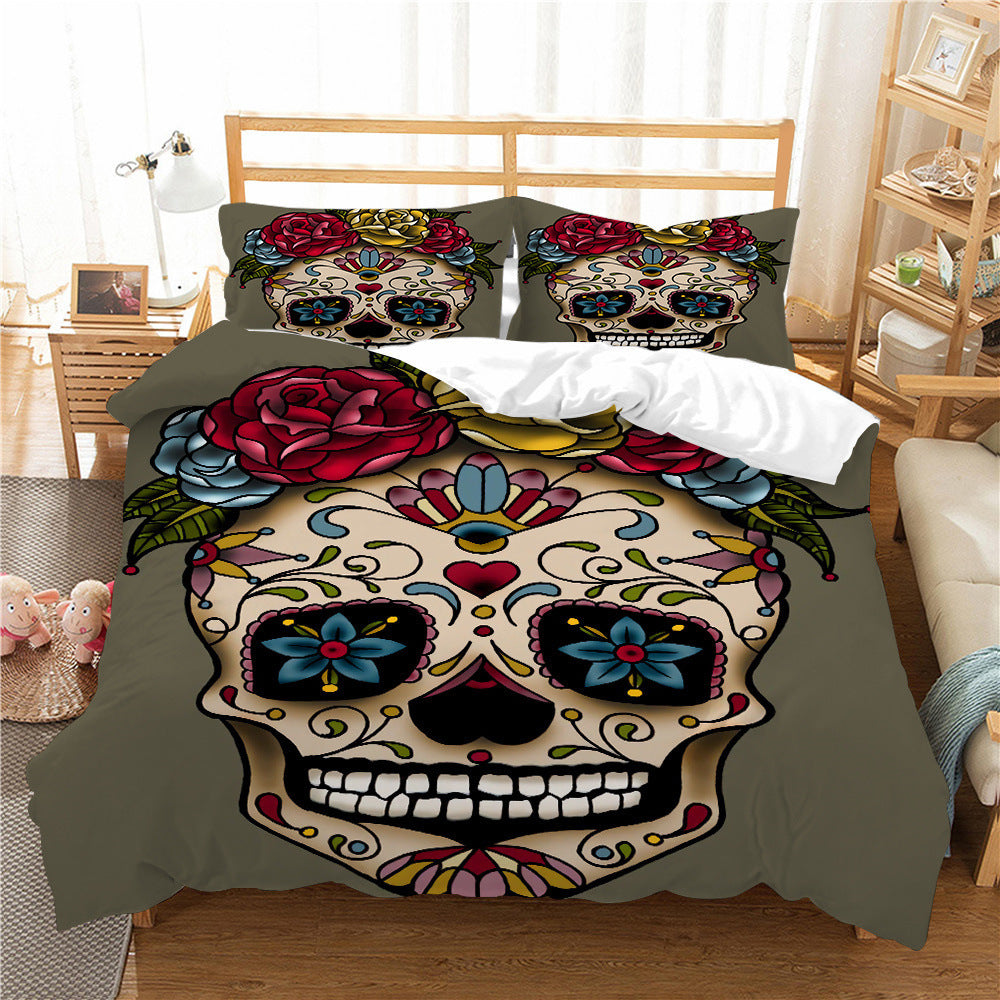 3D Printed Skull Pattern Three-Piece Chemical Fiber Bedding Set