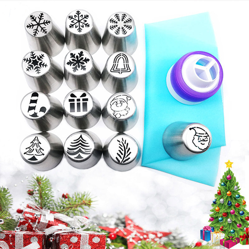 15-Piece Stainless Steel Christmas Icing Nozzle Set – Festive Piping Tips for Holiday Baking