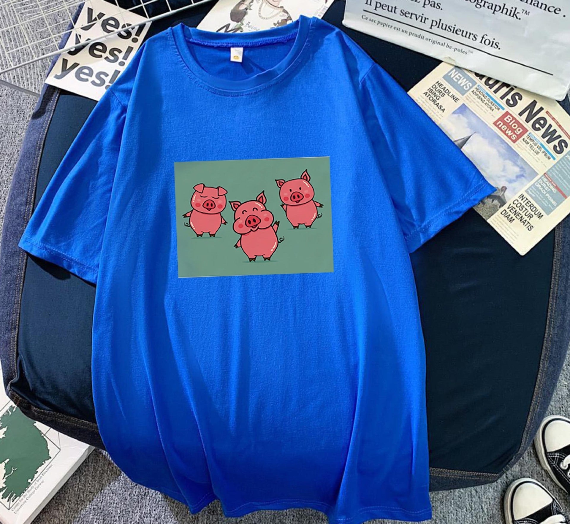 Women's Relaxed Fit Printed Polyester Tee Pig Pattern