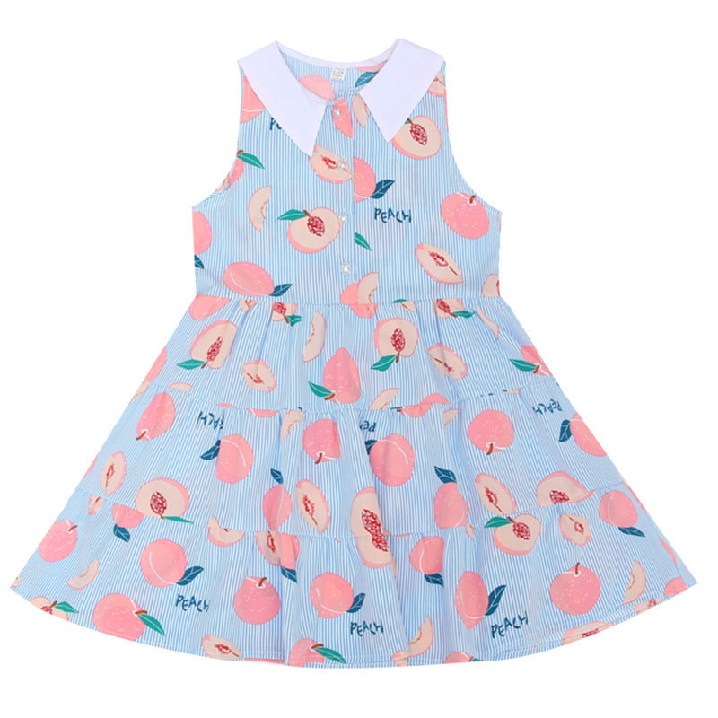 Cute Printed Floral Dress Doll Collar Sleeveless Princess Dress