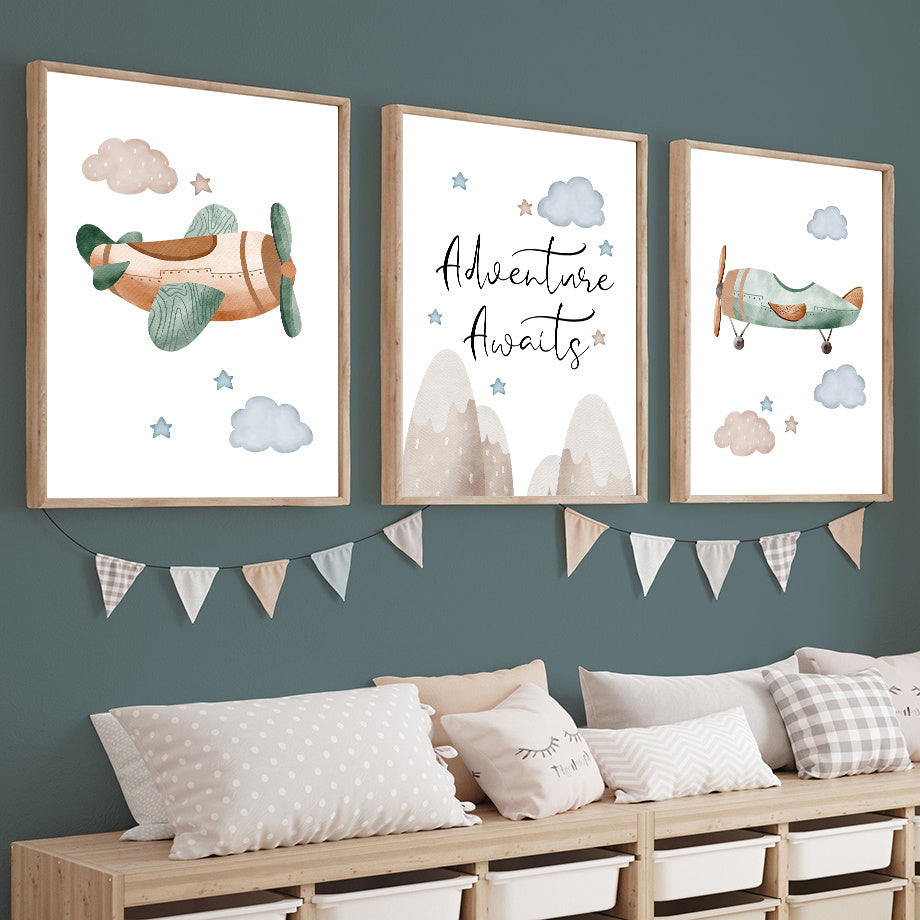 Children’s Room Wall Art – Cartoon Aircraft, Spaceship & Mountain Canvas Print