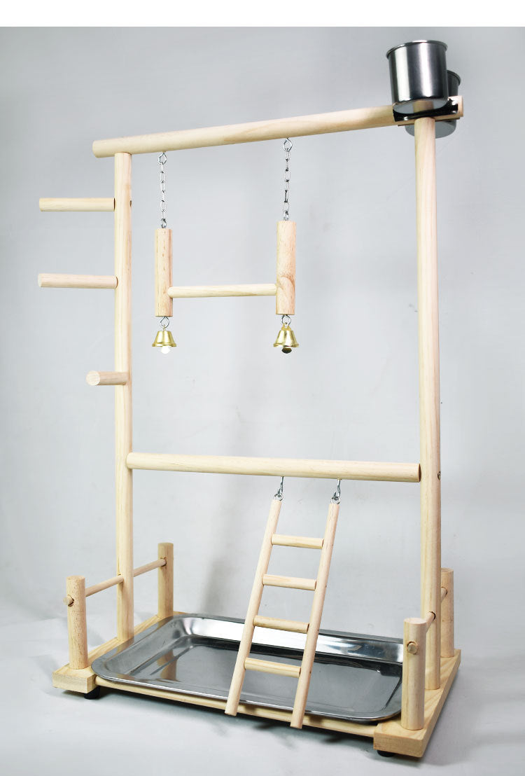 Solid Wood Bird Swing and Climbing Ladder with Double-Layer Stainless Steel Food Bowls – Parrot Playground Perch Toy