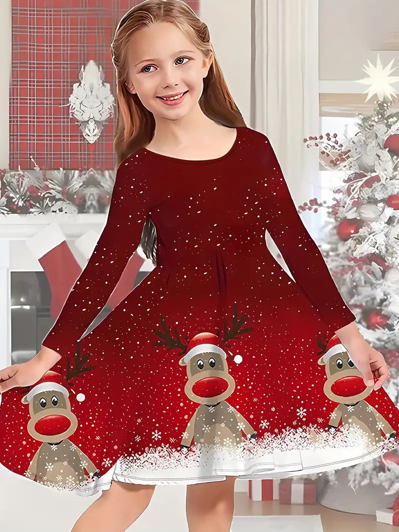 Girl's Long-sleeved Dress Christmas Deer