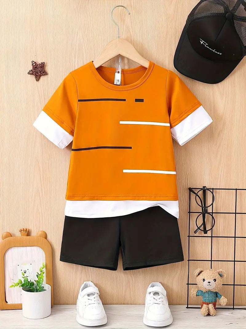 New Short-sleeved T-shirt Shorts Loose Color Matching Lines Two-piece Suit