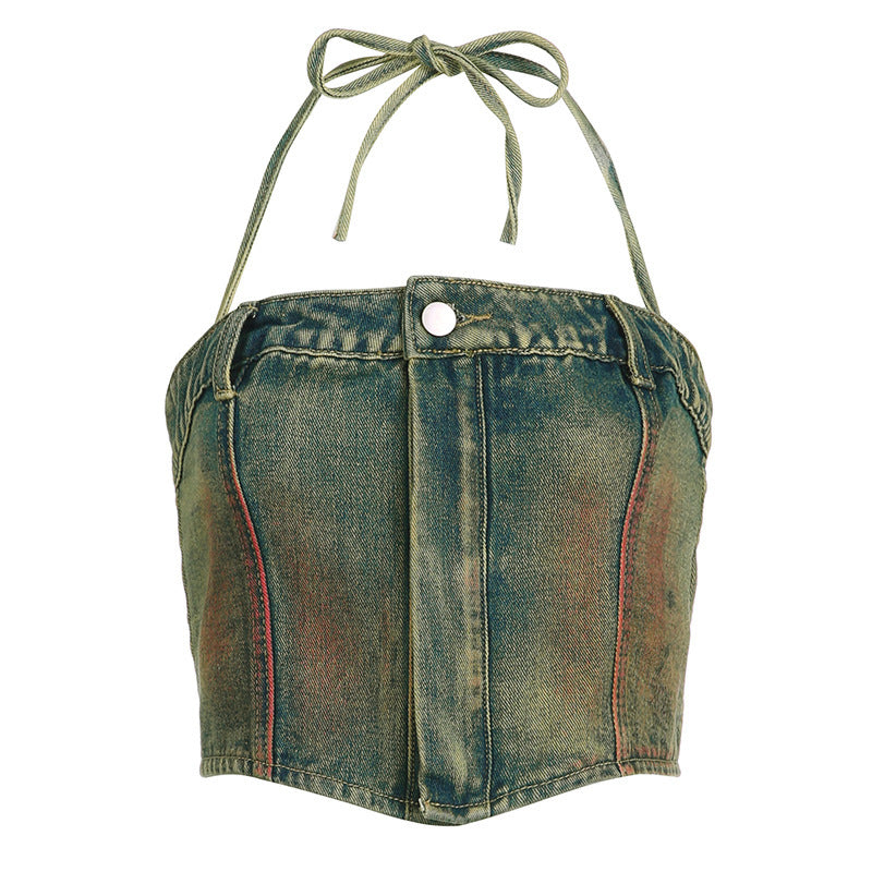 Washed And Worn Zipper Tube Top Denim Vest Women
