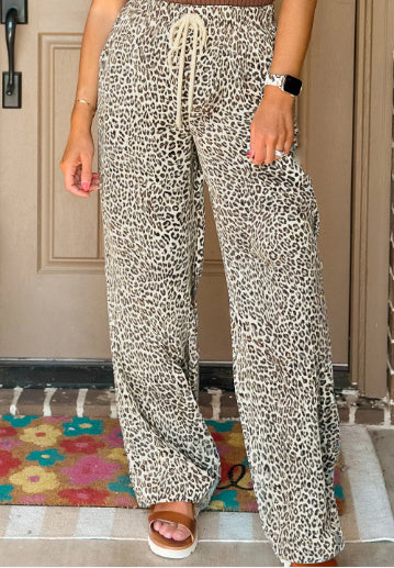 Brown Leopard Print Drawstring Elastic Waist Loose Pants
