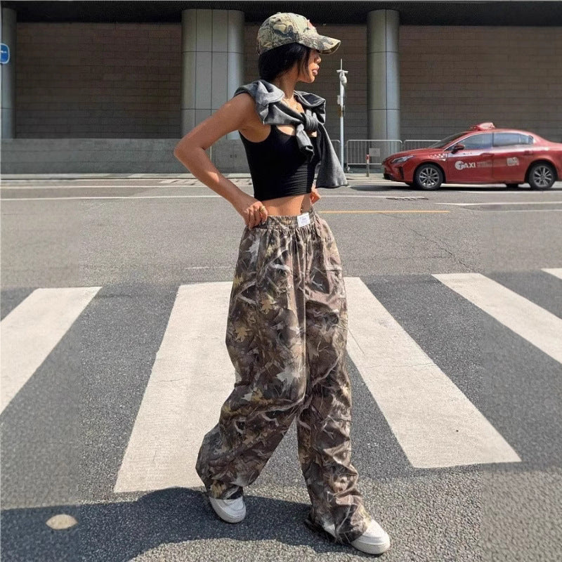 High Waist Loose Fit Branch Pattern Pants – Comfortable Casual Style