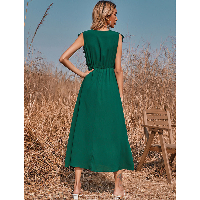 Solid Color V-neck Maxi Dress