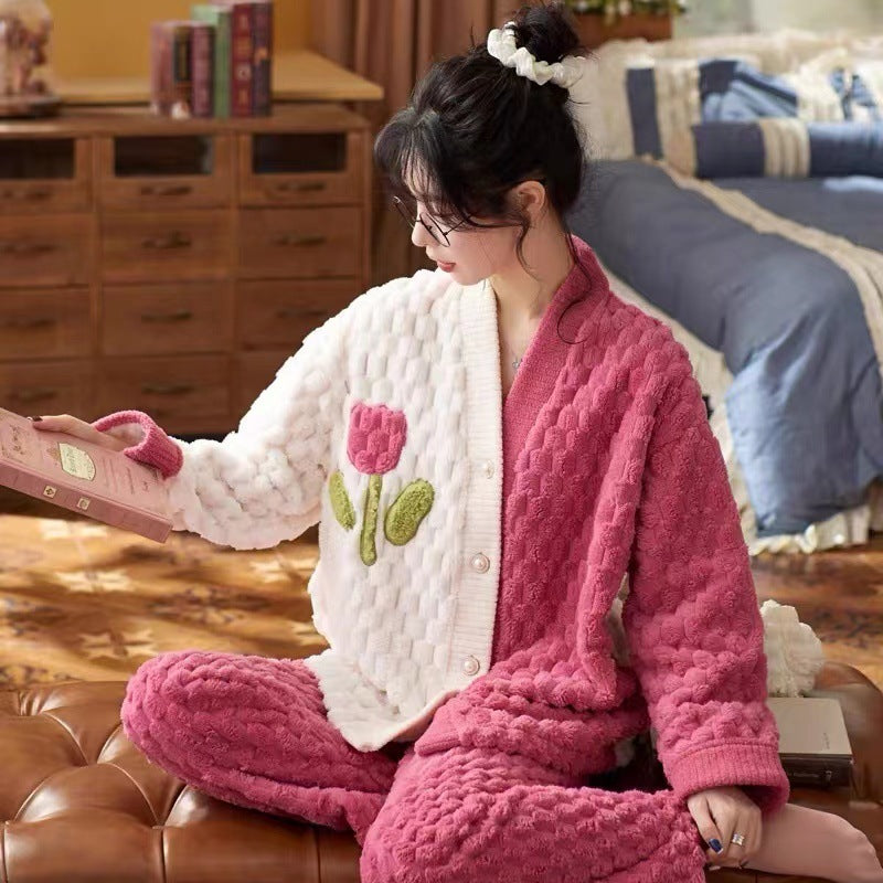 Women's Cartoon Flannel Winter Loungewear Set Relaxed Fit