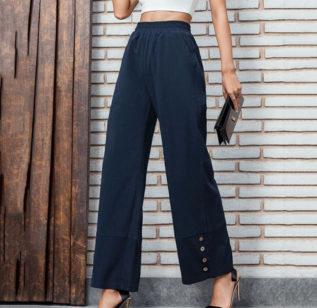 High Waist Straight Leg Pants – Women’s Button Detail Polyester Spandex Trousers