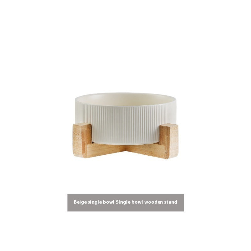 Pet Simple Wooden Frame Anti-tumble Ceramic Bowl