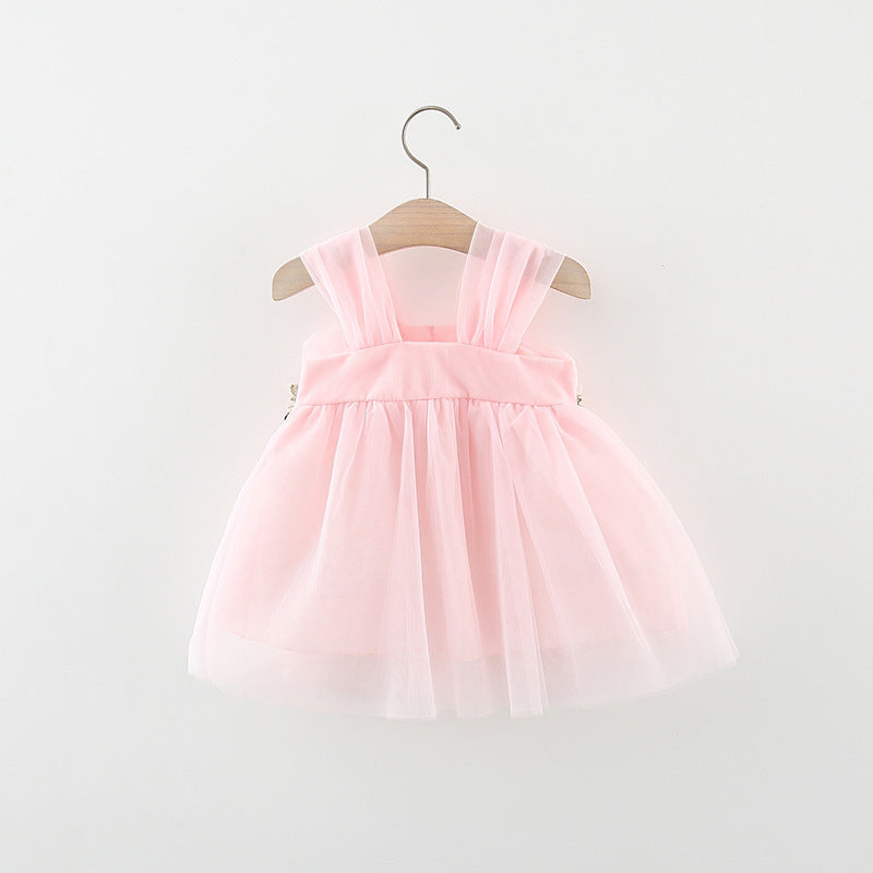 Girl's Mesh Strap Dress Waist Flower Princess Beautiful Dress