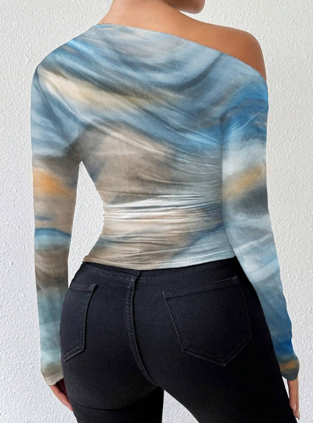 Womens Apricot Tie Dye Print Long Sleeve Crop Knit Tee Slim