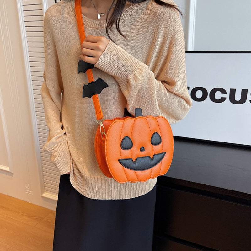 Halloween Pumpkin Crossbody Bag – 2023 Cartoon Shoulder Purse with Bat Design