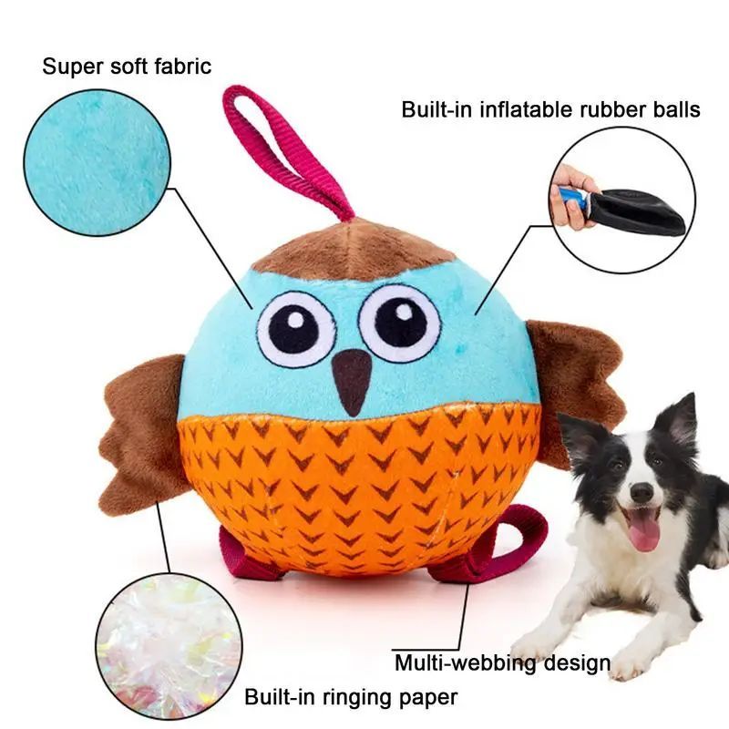 Interactive Inflatable Owl Ball Dog Chew Toy in Velvet and Rubber