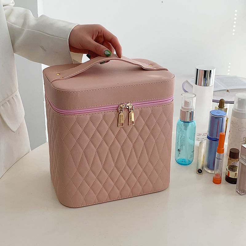 Cosmetic Bag with Mirror – Rhombus Embroidery Double-Layer Storage Caseesign Fashion Rhombus-Embroidery Double-layer Suitcase Large Capacity Make-up Storage Bags For Women