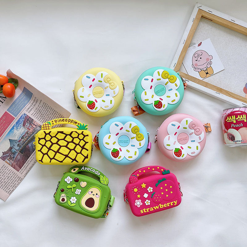 Silicone Children’s Portable Crossbody Bag – Fruit & Donut Shoulder Purse