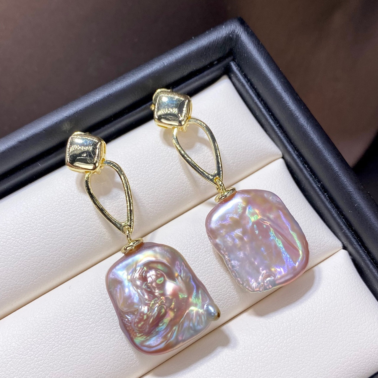 Colorful French Retro Natural Square Baroque Shaped Pearl Stud Earrings