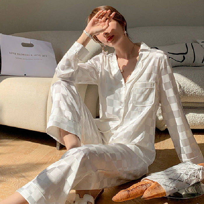 Women's Fashion Jacquard Plaid Ice Silk Home Wear Suit