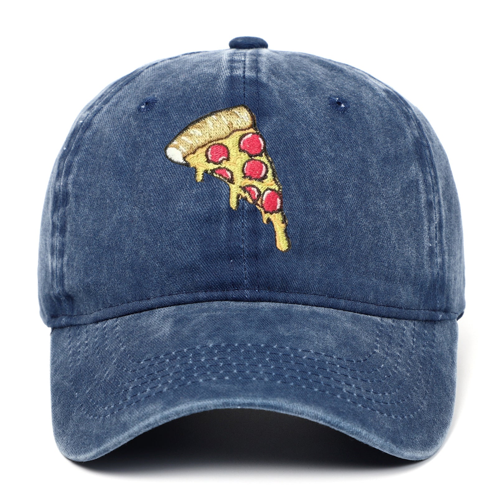 Pizza Embroidery Soft Top Baseball Cap Retro Worn Looking Washed-out