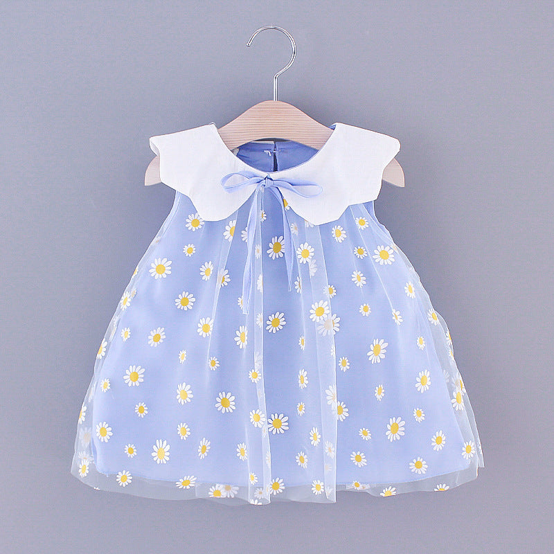 Sweet Style Pure Color Mesh Cute Lapel Sleeveless Children Shirt