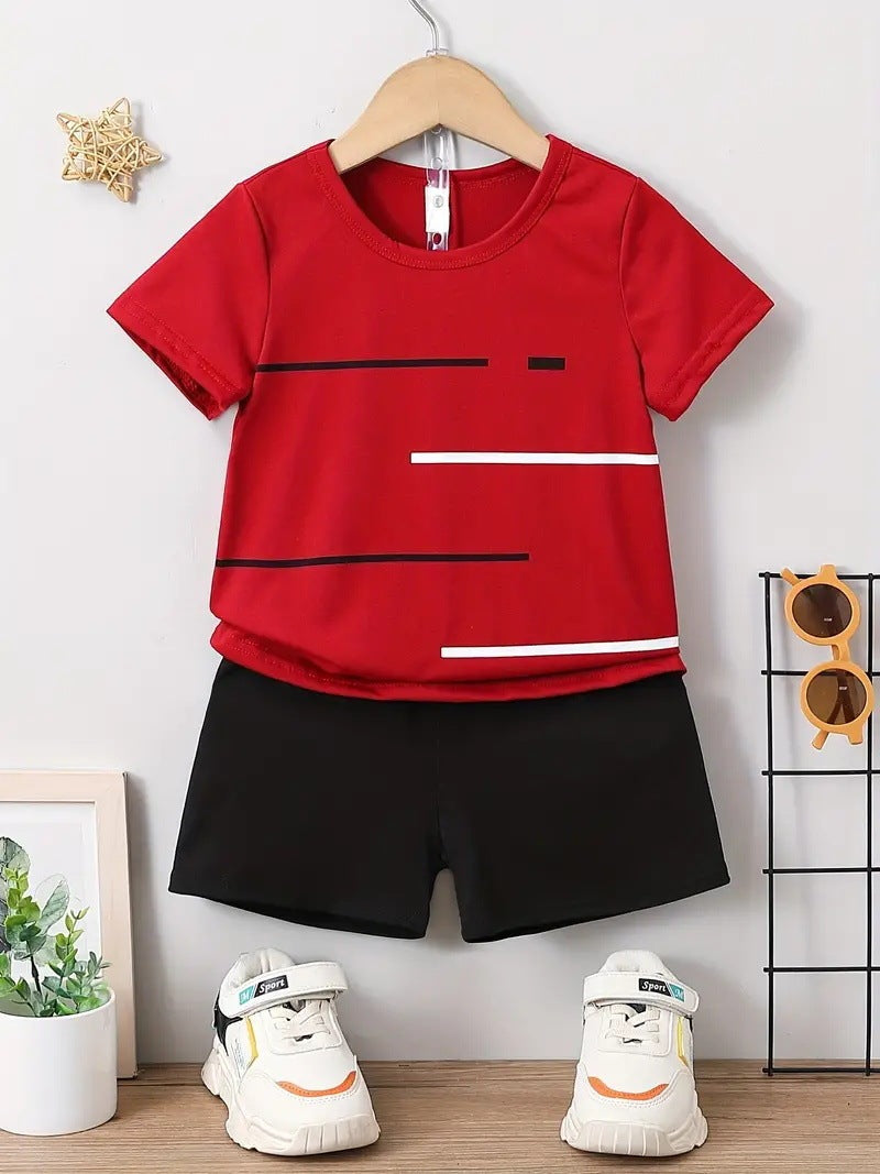 New Short-sleeved T-shirt Shorts Loose Color Matching Lines Two-piece Suit