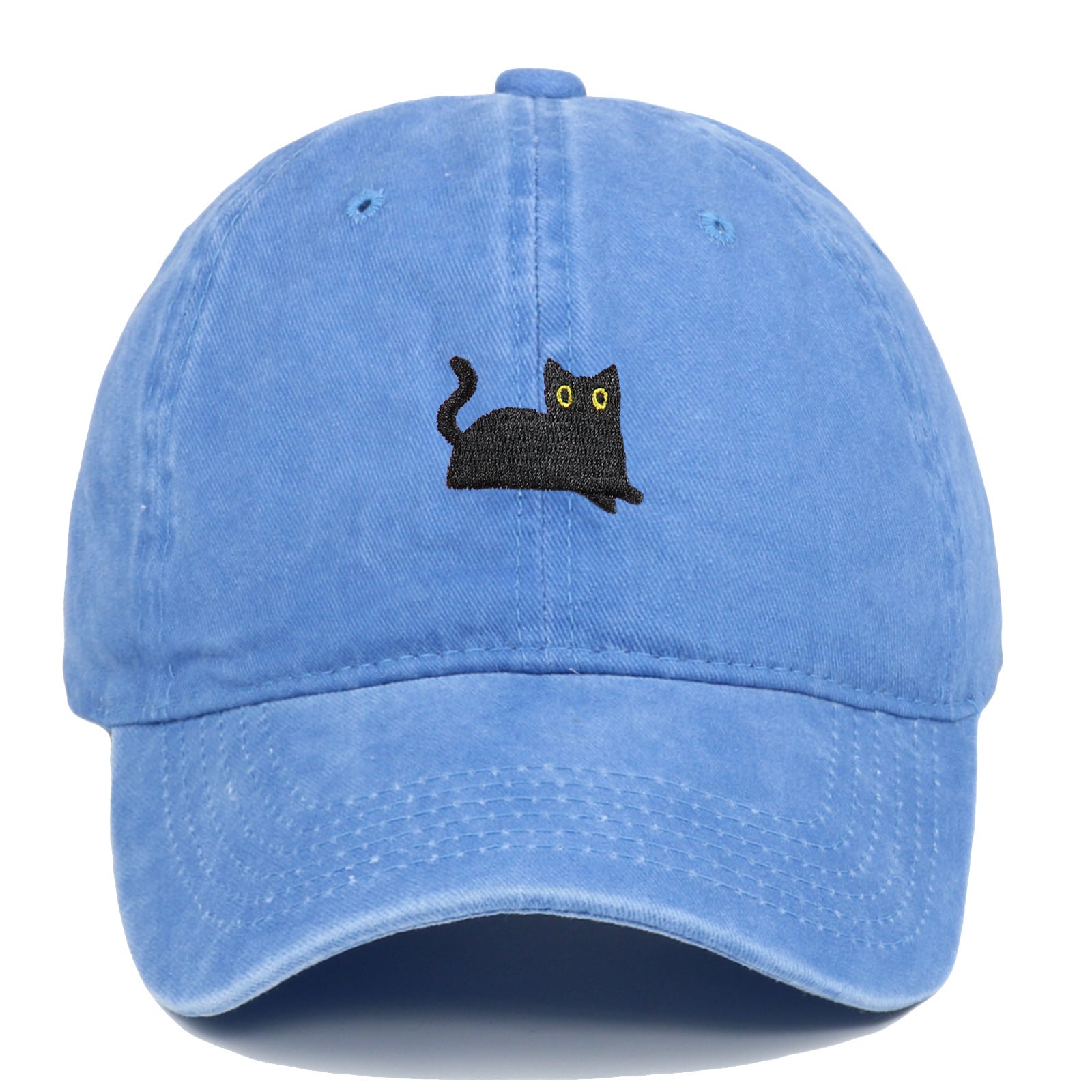 Black Cat Embroidered Washed Baseball Cap Sun Hat