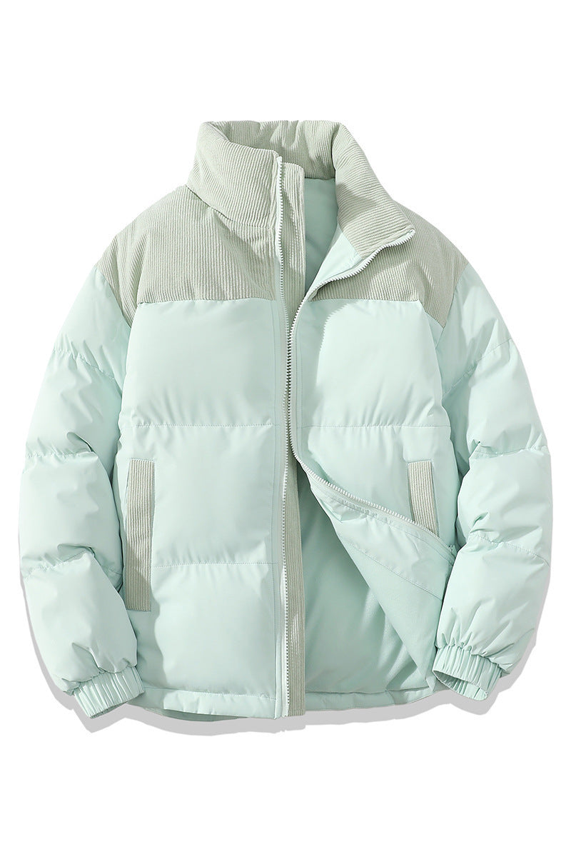 Unisex Stand Collar Contrast-Color Cotton Padded Winter Jacket