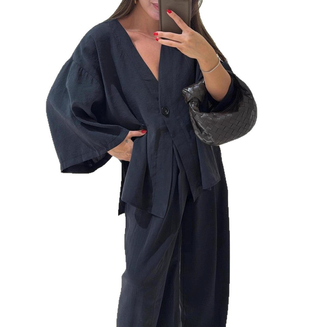 Women's Solid Color Casual Fashion Cardigan Top And Trousers