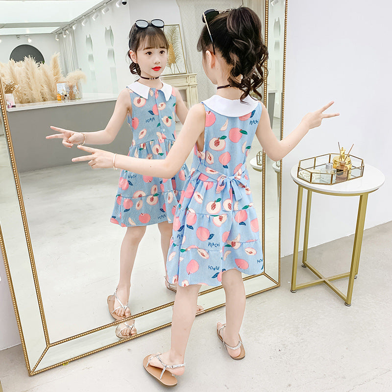 Cute Printed Floral Dress Doll Collar Sleeveless Princess Dress