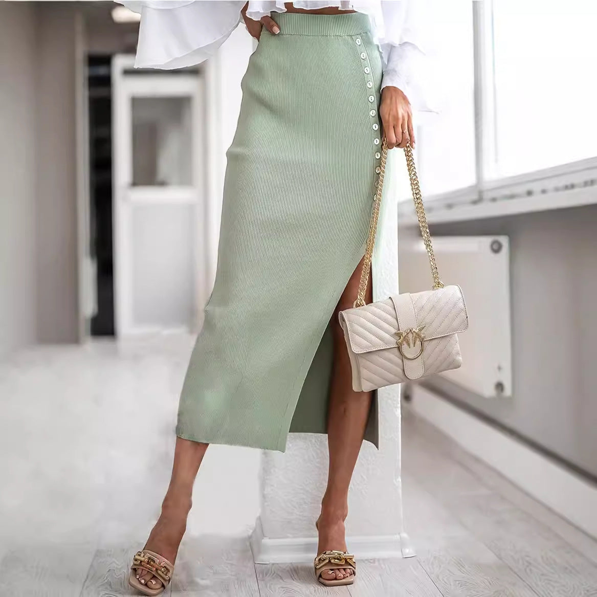 High Waist Solid Color Long Skirt – Women’s Commuter Splicing Pencil Skirt