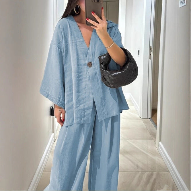 Women's Solid Color Casual Fashion Cardigan Top And Trousers