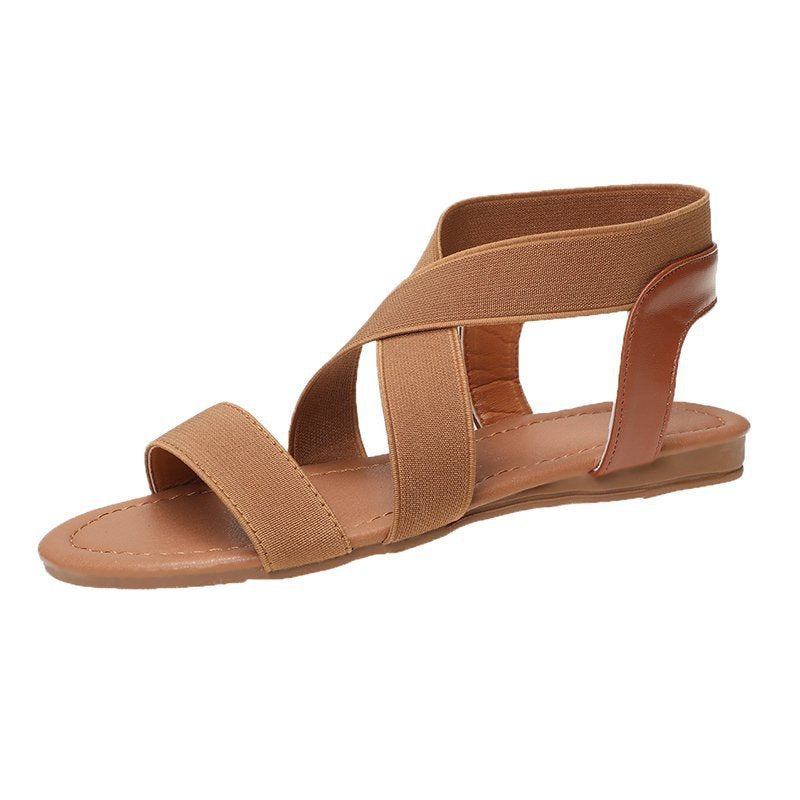 Solid Color Flat Heel Cross Elastic Band Flat Roman Style Sandals