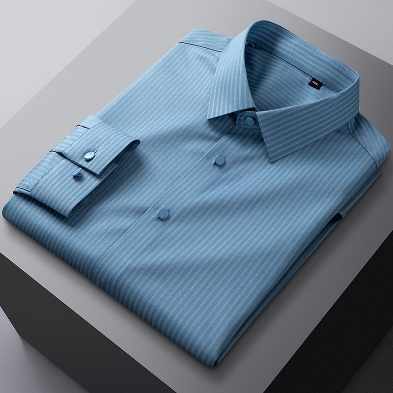 Bamboo Fiber Seamless Light Luxury Men's Striped Long Sleeve Shirt
