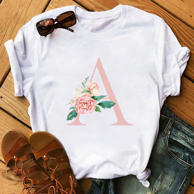 Womens Modal Letter Flower Print Tee Straight Cut
