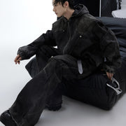 Distressed Padded Shoulder Hooded Denim Jacket Suit Metal Embellished Jeans