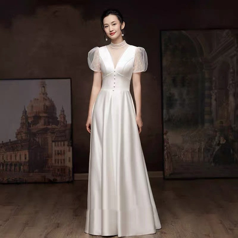 Elegant White French Satin Light Engagement and Wedding Dress for Women