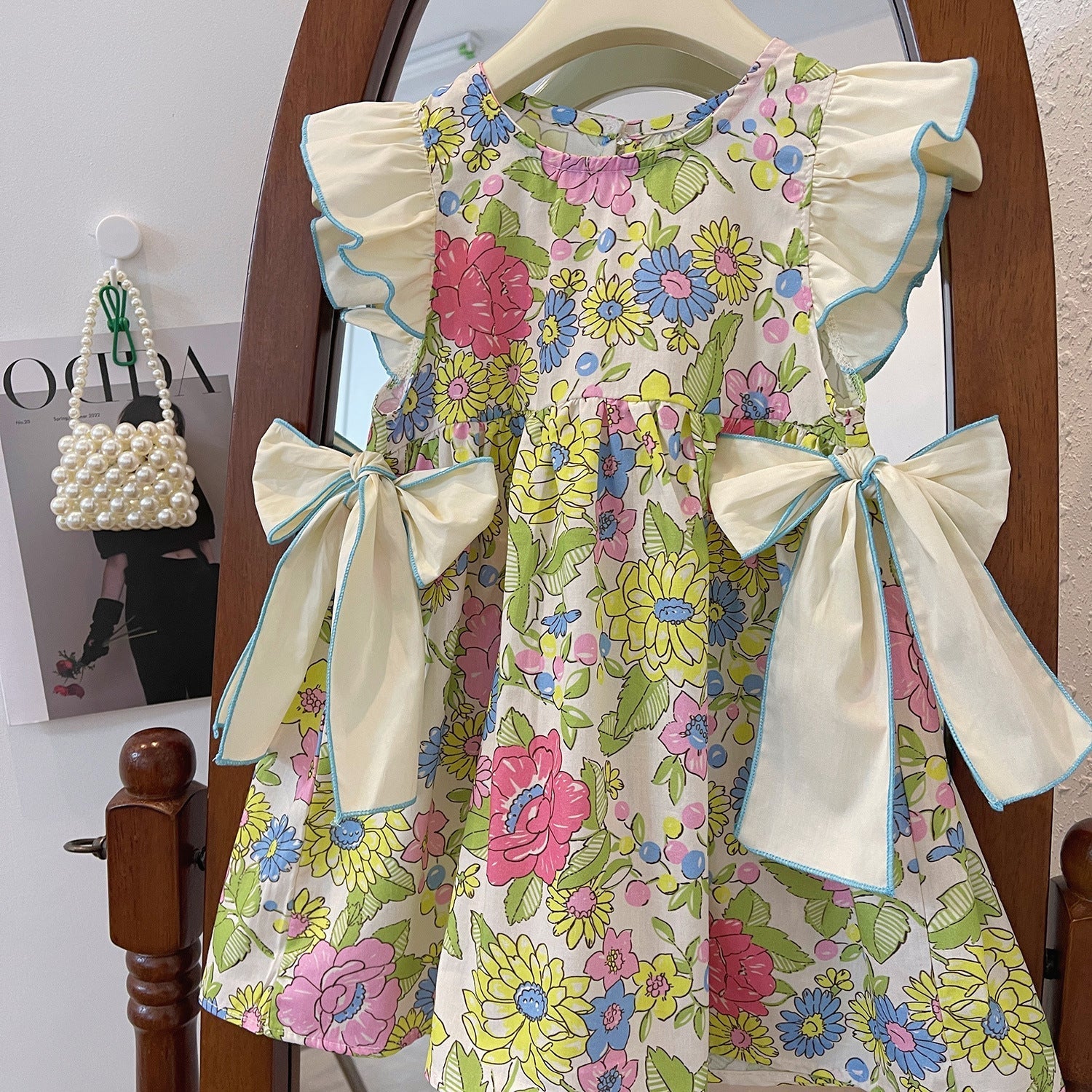 Girls Cotton Flounced Dress Korean Style Floral Bow