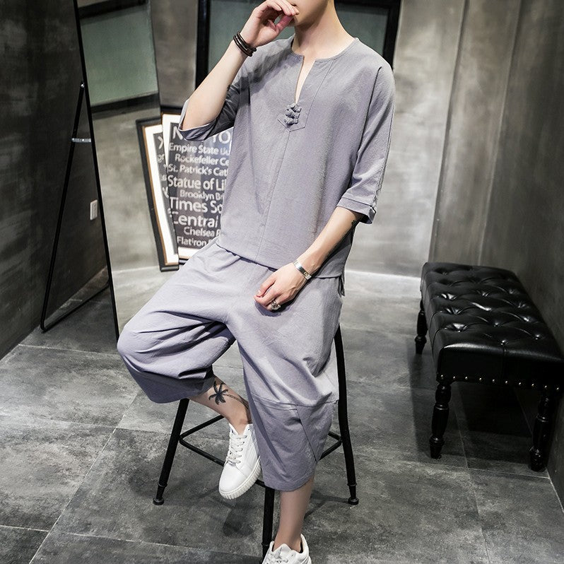 Loose Disc Button V-neck Short-sleeved Bloomers Suit