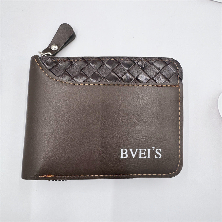 Men's Short Zipper Wallet Plaid PU Leather Retro Style