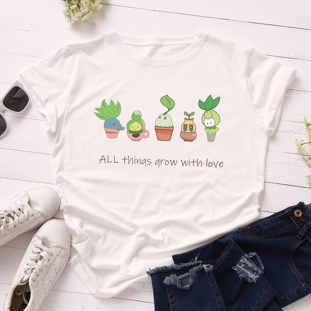 Loose Round Neck Short Sleeved Cotton T-shirt Women