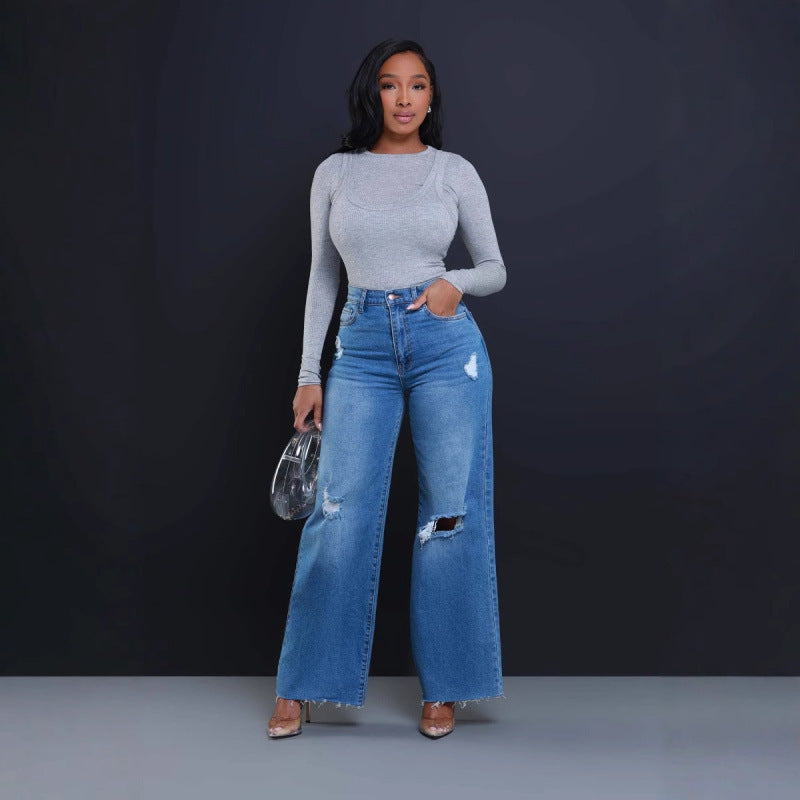 Women's Ripped High Waist Loose Straight Wide-Leg Jeans