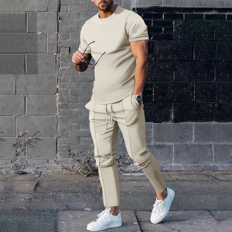 Unisex Solid Color Round Neck Tee and Trousers Chem Fiber