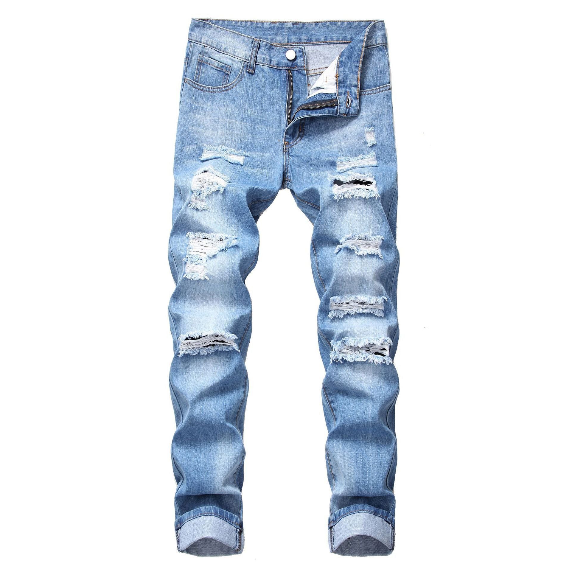 Men’s Slim Fit Ripped Jeans – Straight Non-Stretch Denim Pants