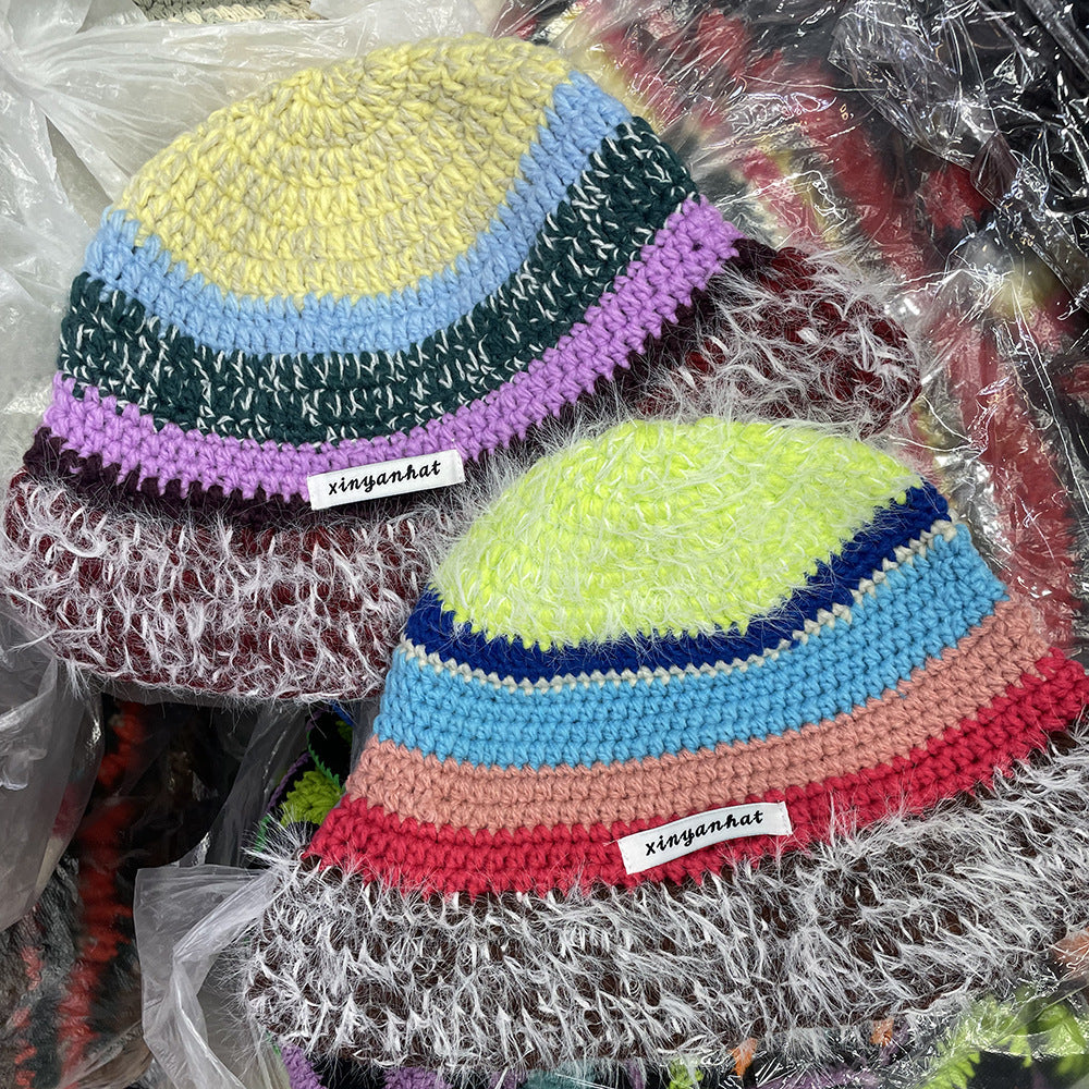 Niche Retro Contrast Color Stripes Hand Crocheting Woolen Cap